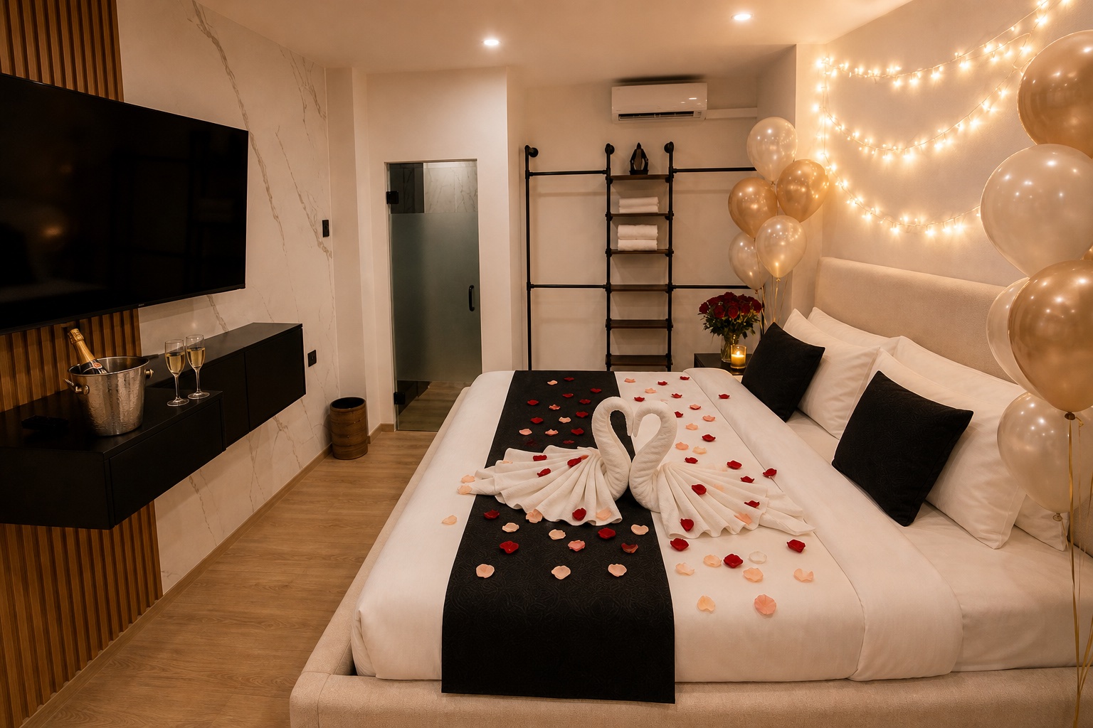 Anniversary room décor — rose petals, champagne, and soft balloons
