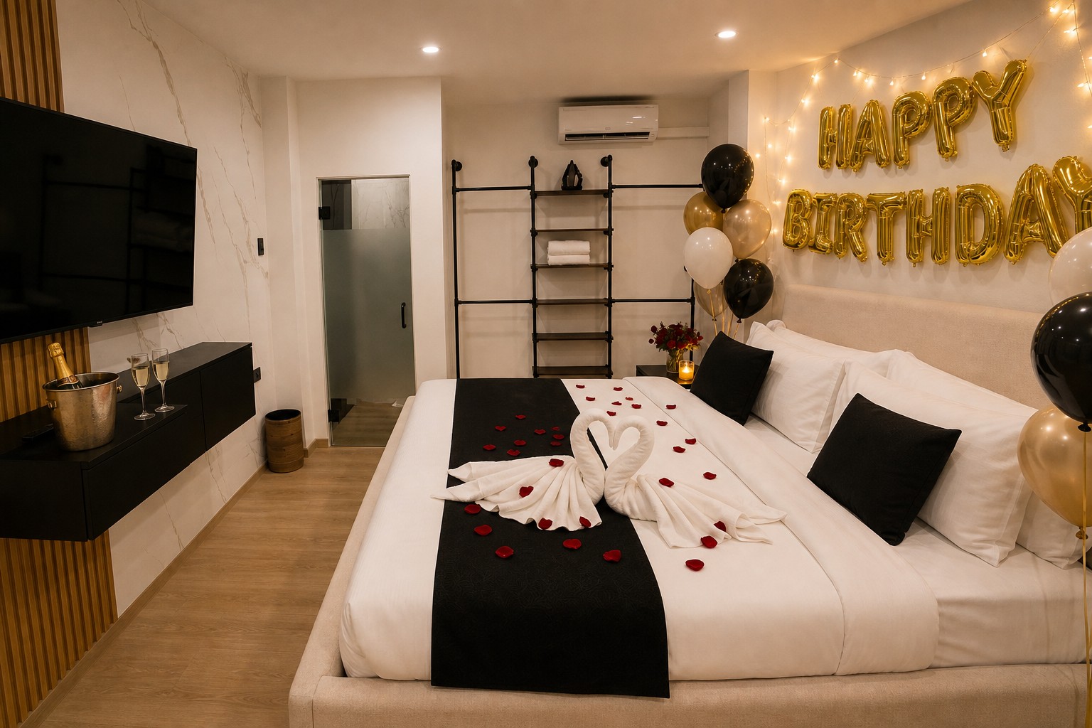 Hive room dressed for a birthday stay — balloons, fairy lights, and swan towel décor