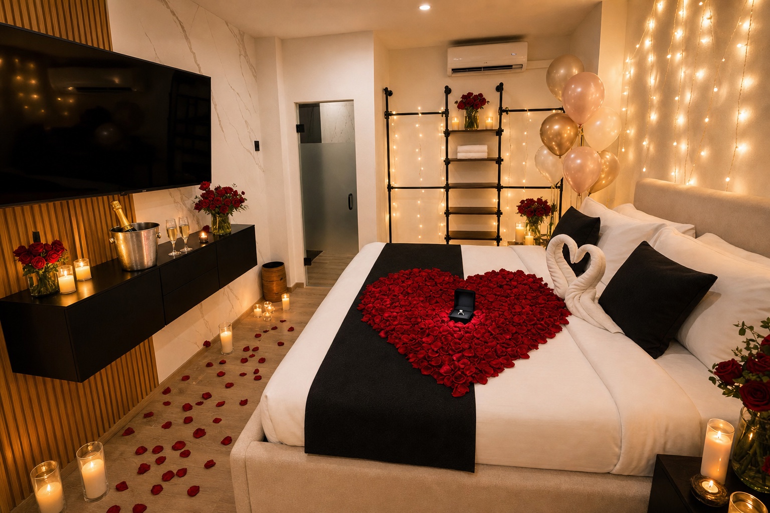 Proposal room décor — petal heart, champagne, and ring box